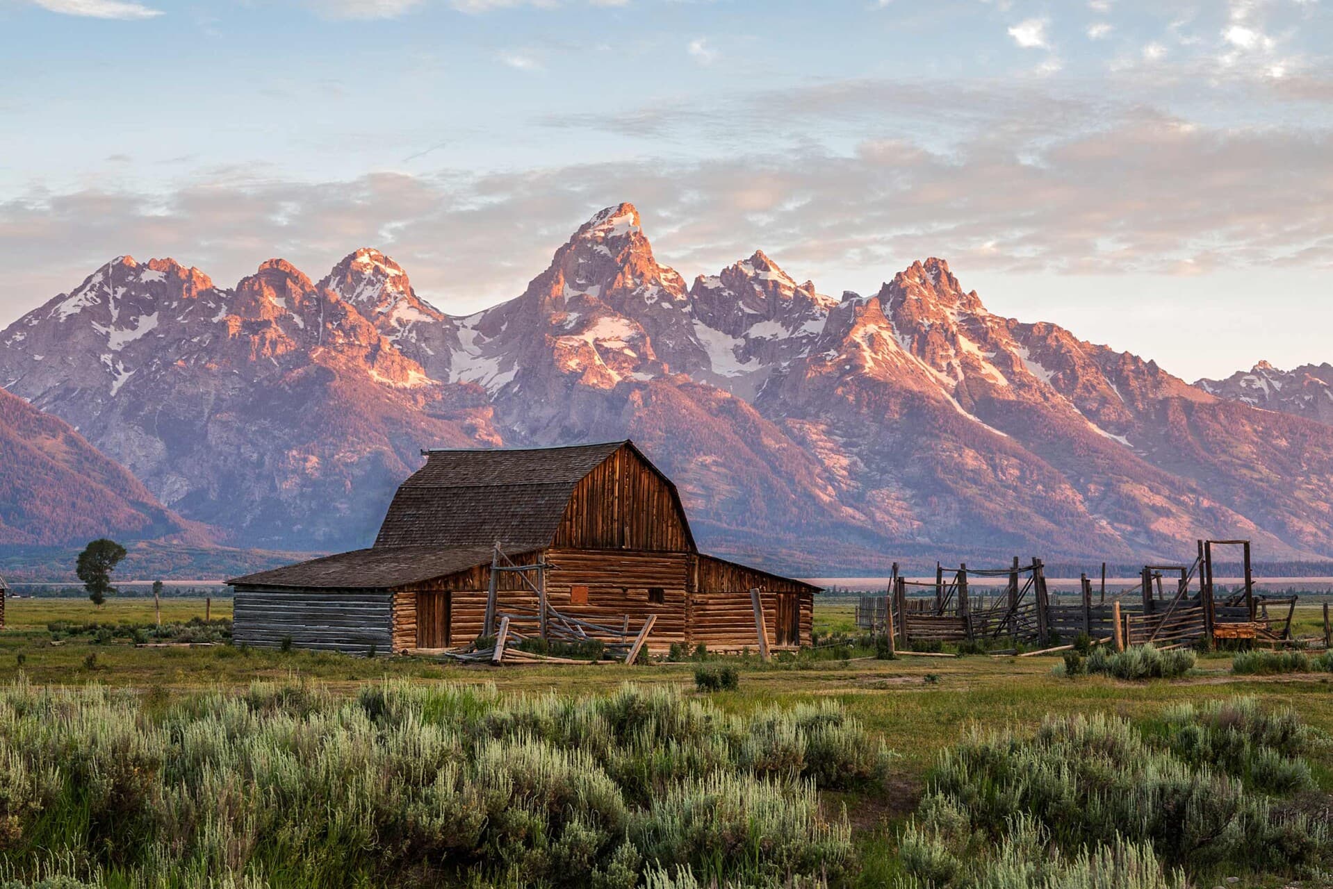 Historic barn at Snake River Ranch with Grand Tetons