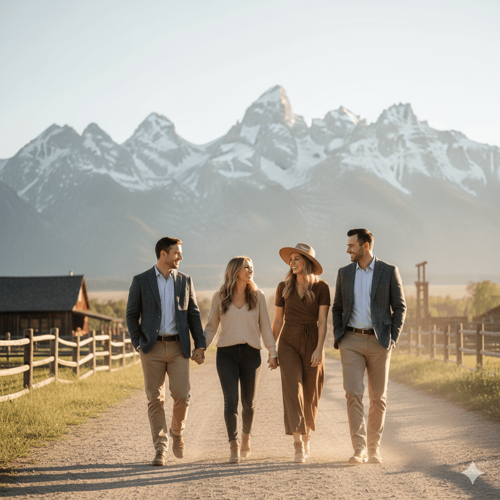 Couple walking together on ranch property with Grand Tetons in background