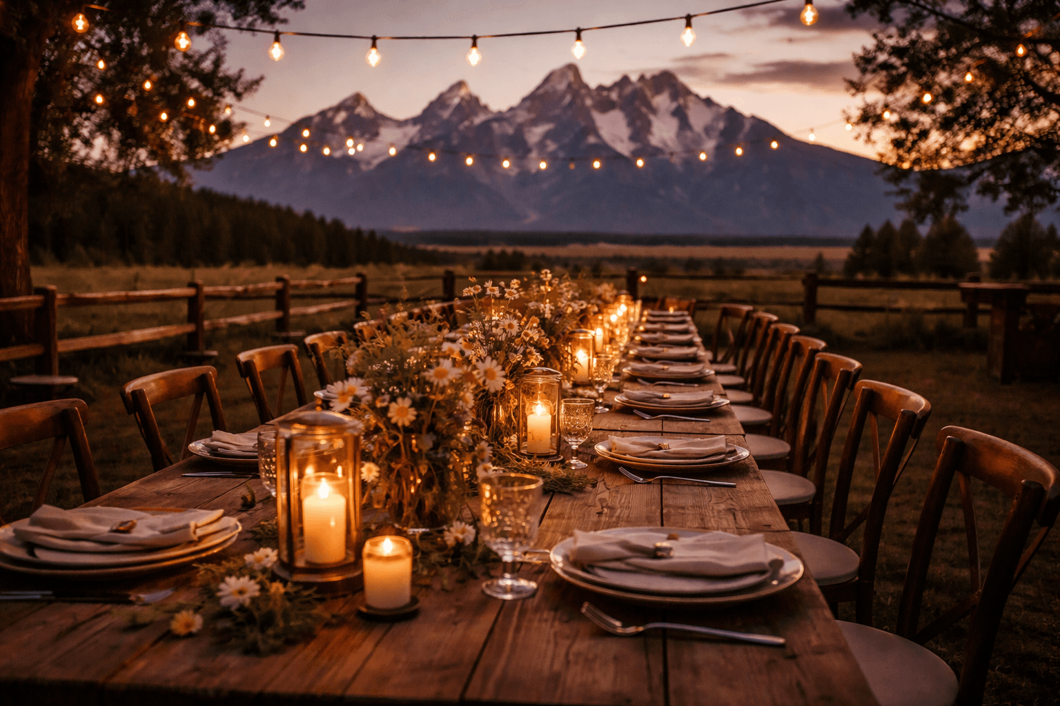 Elegant outdoor candlelit dinner with Grand Teton peaks at dusk