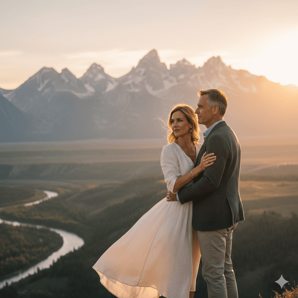 Couple overlooking Snake River Valley and Grand Tetons