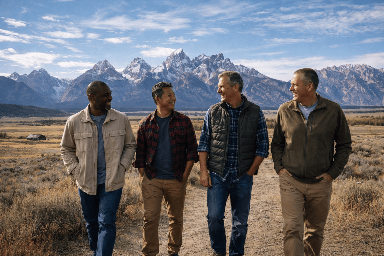 Group walking together on ranch property with Grand Tetons in background